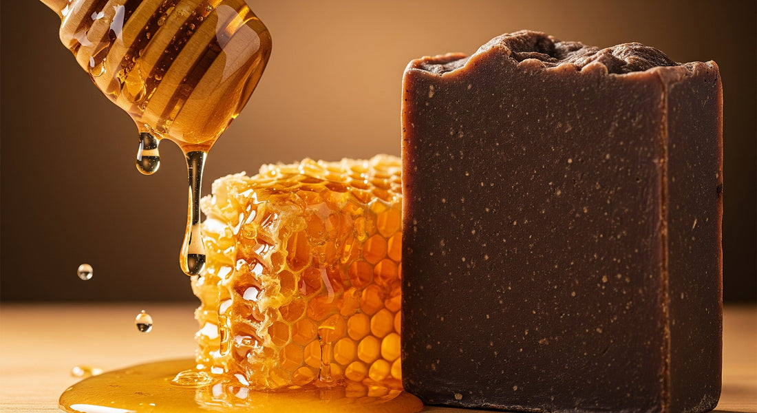 A close-up of a honey dipper dripping honey onto a honeycomb, next to a bar of dark brown African black soap, highlighting natural skincare ingredients.